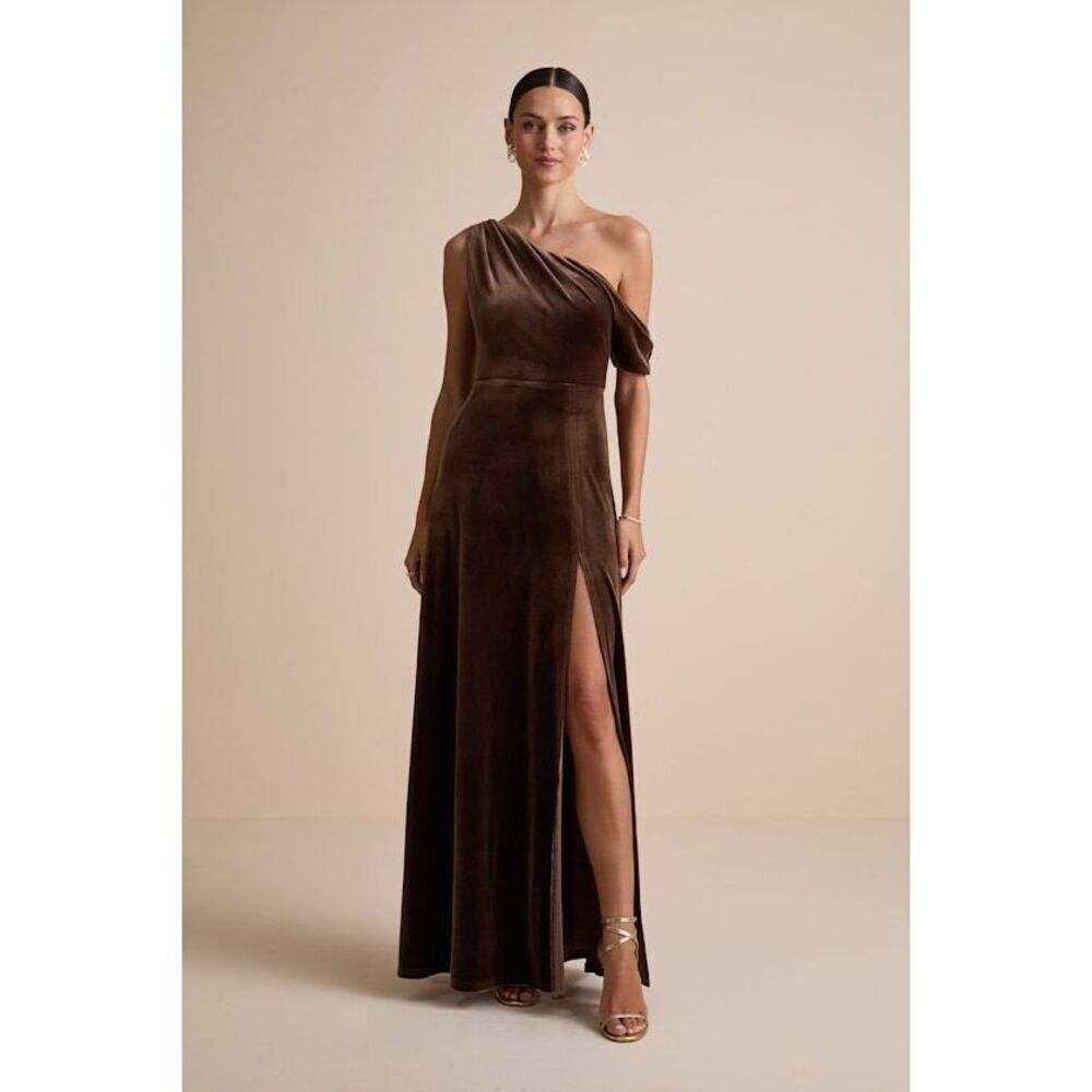 Lulus Coveted Confidence Brown Velvet Asymmetrical Maxi Dress - Size XL